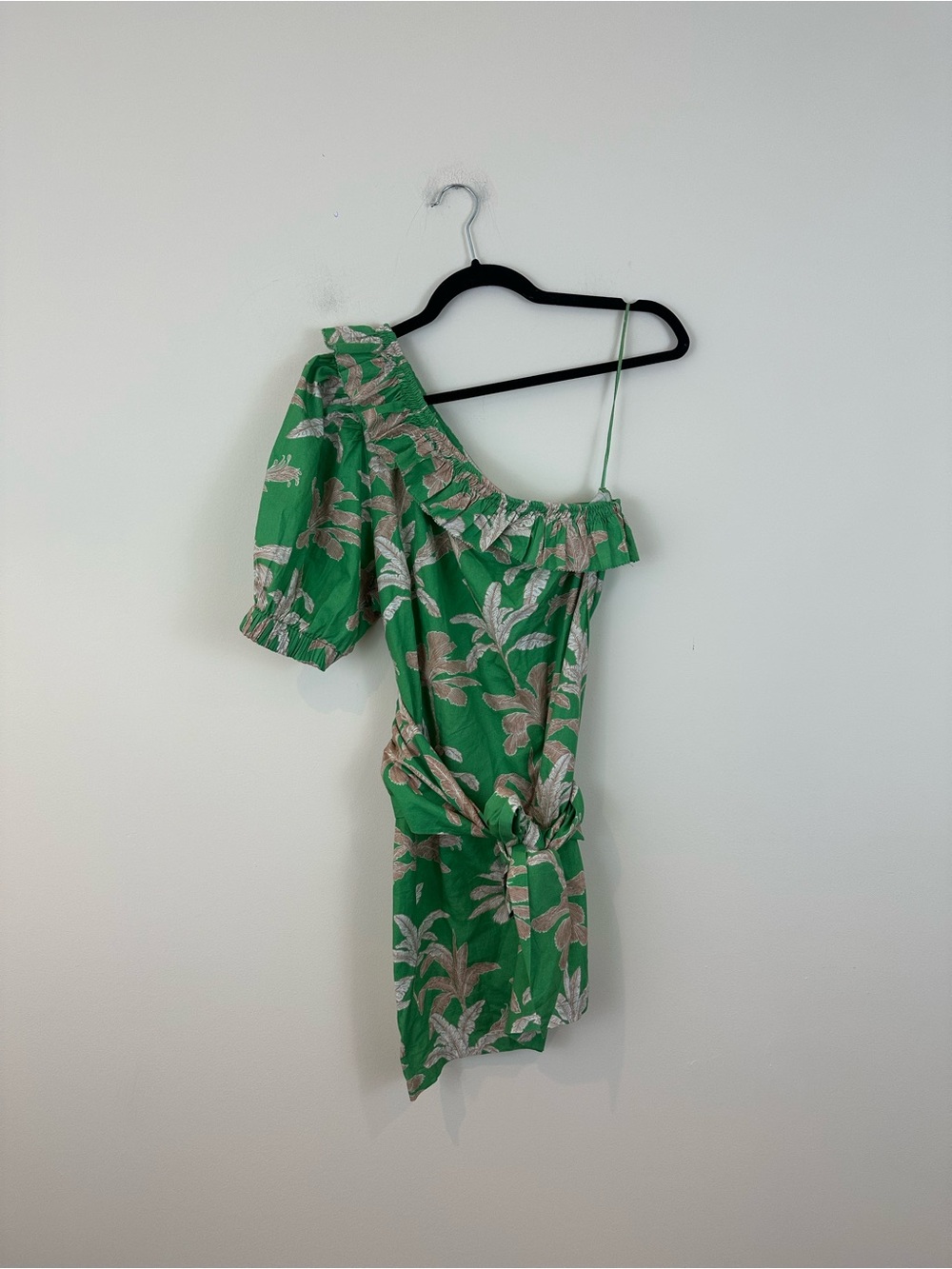 Suboo Green One-Shoulder Floral Tie-Waist Dress Puff Sleeve Ruffle Size Large